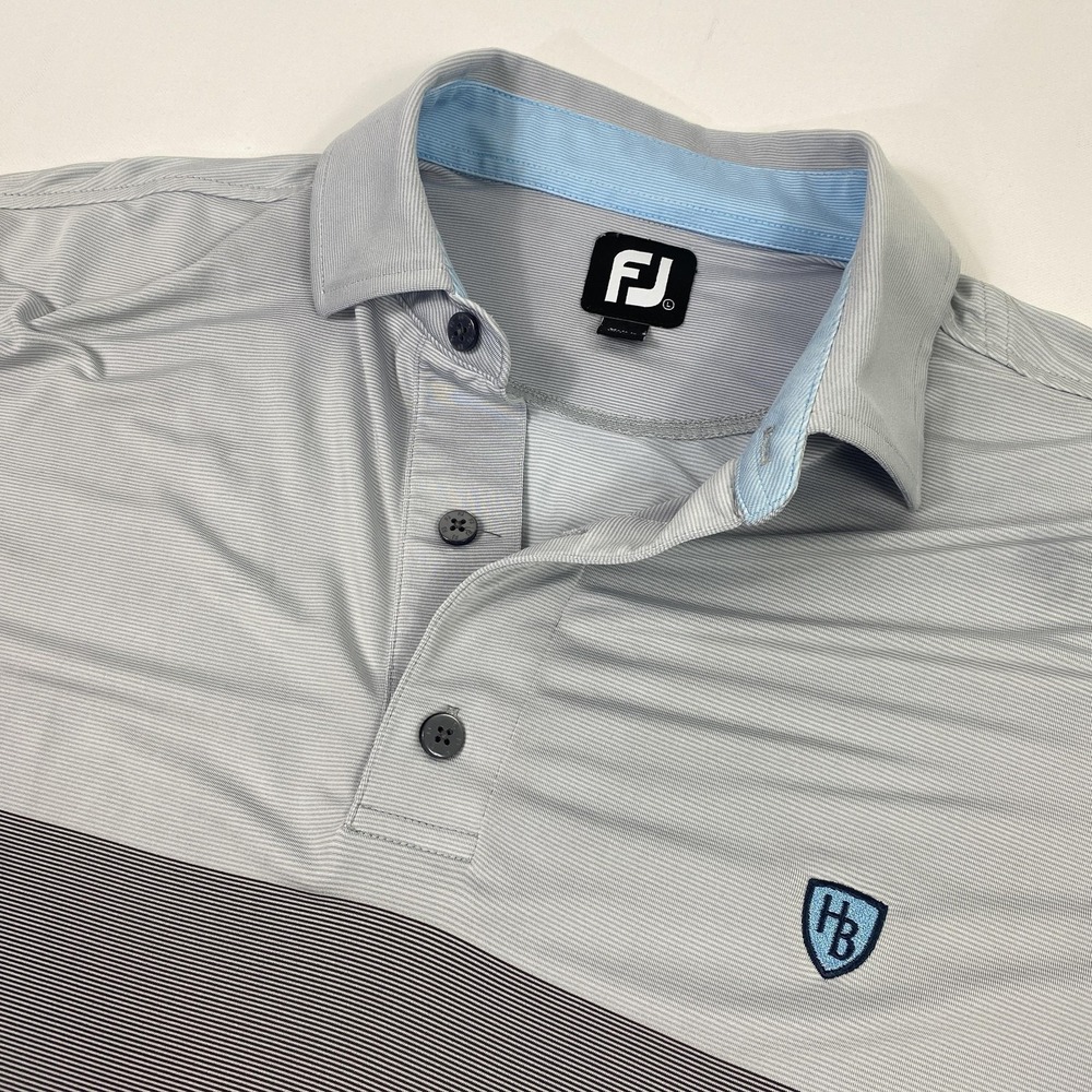 FootJoy Polo Shirt Mens Large Gray Blue Striped Golf HB Shield Logo Performance